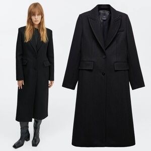 MANGO Tailored Wool Coat with Embossed Lapels in Black Size M Medium